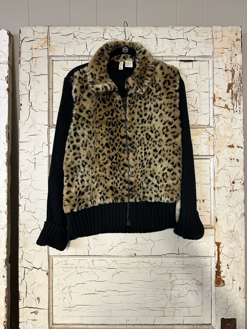 Tiara Black Sweater with Leopard Print Faux Fur Front